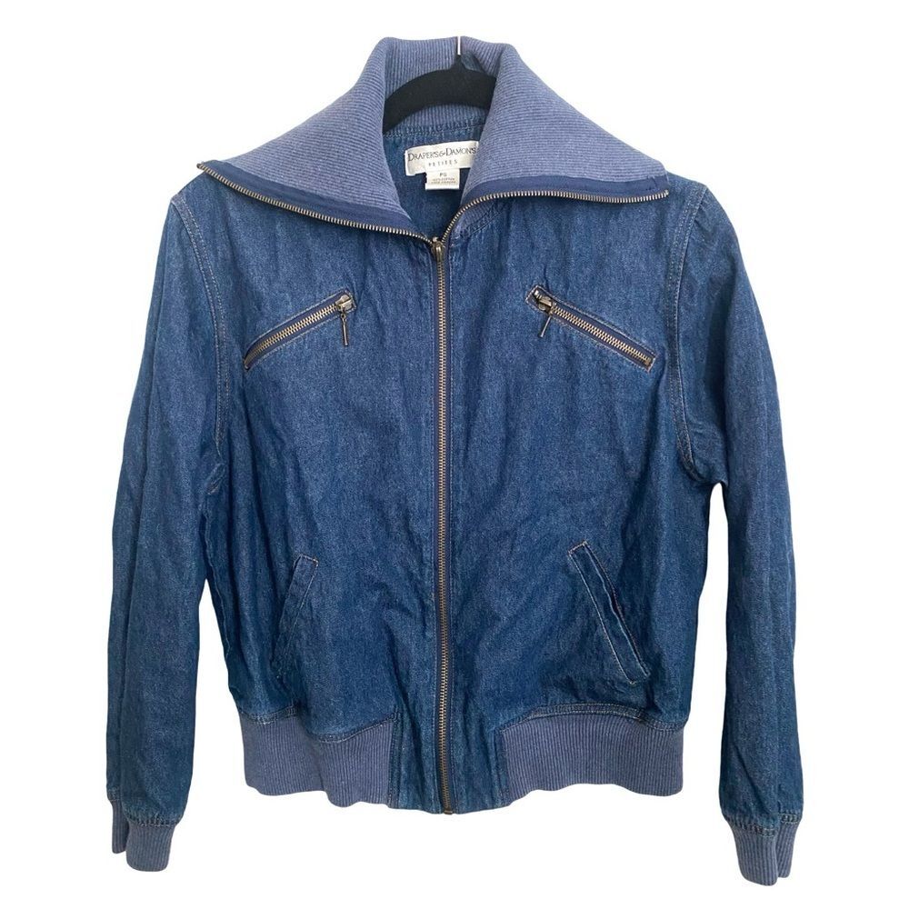 Draper’s & Damon’s Denim Bomber Jacket PS Blue Knit Collar Moto Zippered Pockets